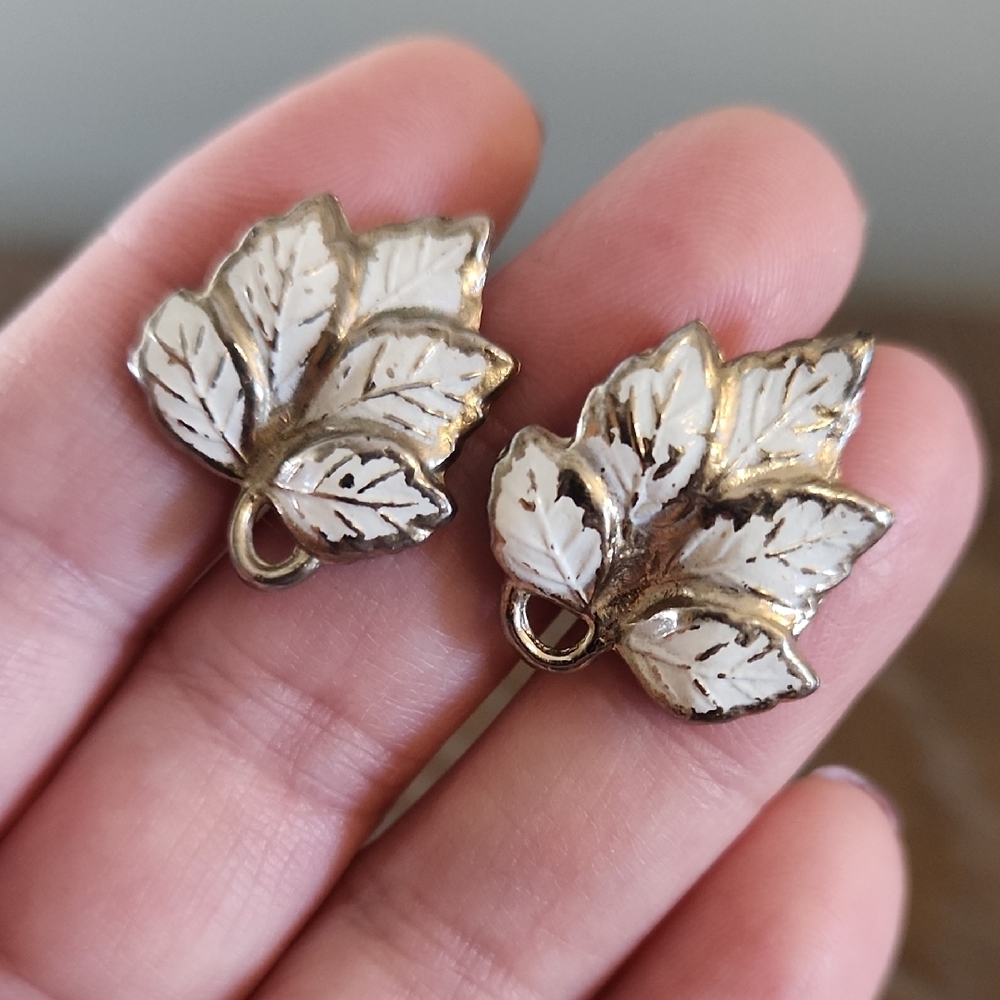 Vintage White Leaf Screw Back Earrings